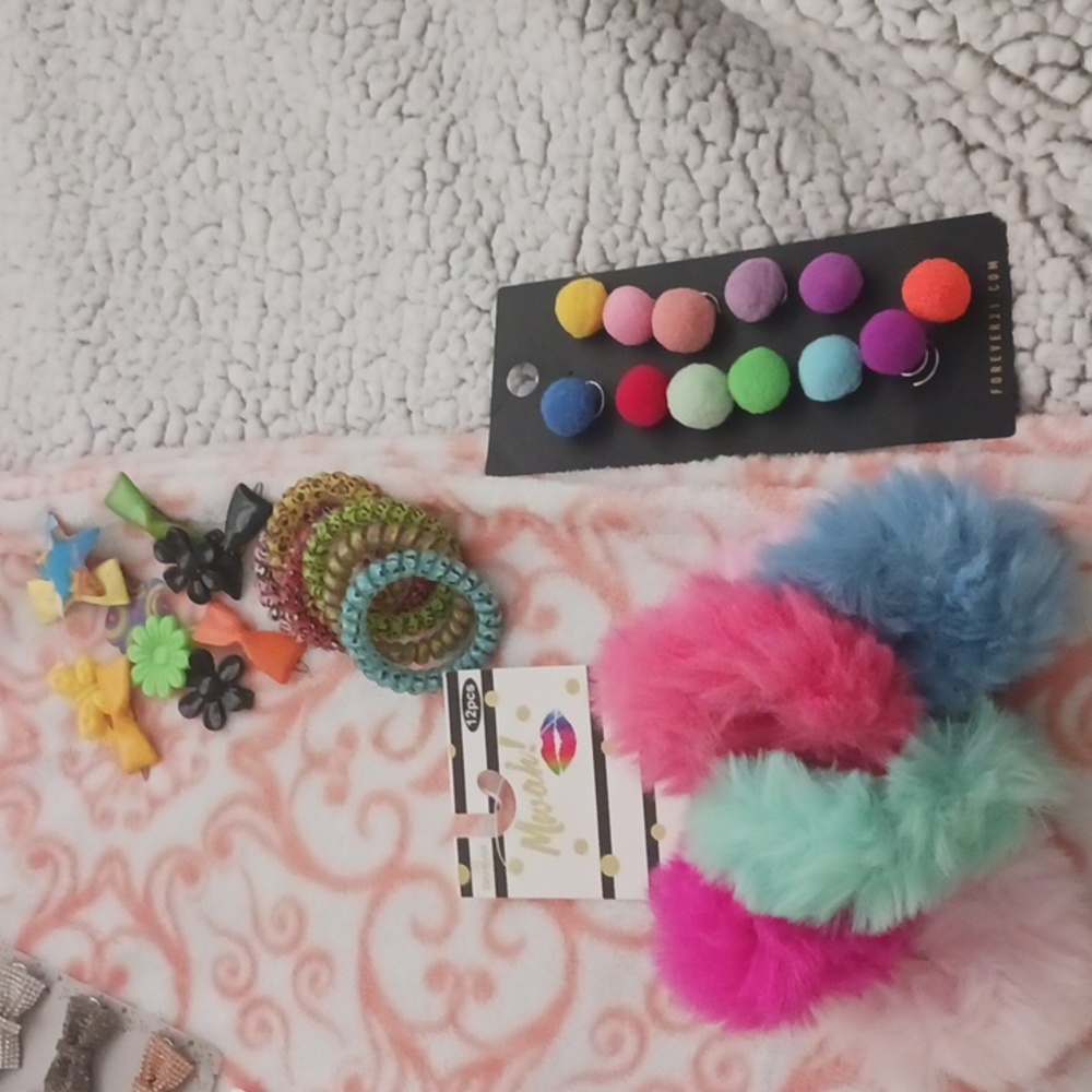 Hair Barrettes, Hair Ties, Fuzzy Hair Tie Cords, and Pom Pom Twist ins